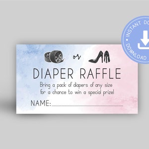 Wheels or Heels Geschlecht offenbaren, Windel Tombola Ticket, printable pdf, blau und rosa, Junge oder Mädchen Babyparty, er oder sie Geschlecht, CY075