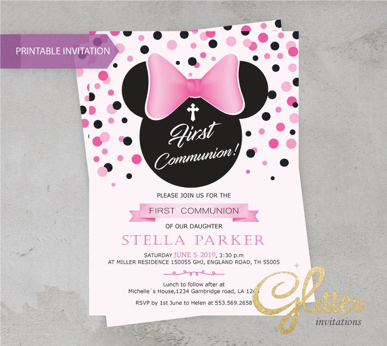Dedication invites floral dedication invites First Communion invites glitter invite Minnie cross girl dedication Invitation