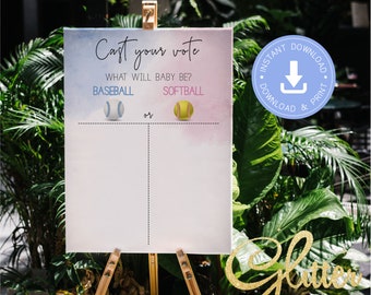 Baseball Or Softball Gender reveal, blue or pink, cast your vote sign, instant download, printable pdf, boy or girl baby shower, cy117