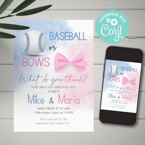 EDITABLE Baseball or Bows, gender reveal invitation, blue or pink, printable pdf, instant download, baseball gender, cy083