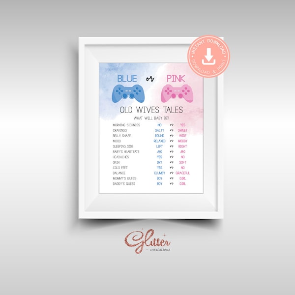 Gamer Gender Reveal, consoler Gender Reveal, blue and pink, Old wives tale sign, instant download, gaming gender reveal, cy127