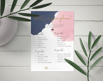 Navy blue and blush pink, What's In Your phone Game, twins Baby Shower, gender reveal shower. printable pdf, CY045, CY046