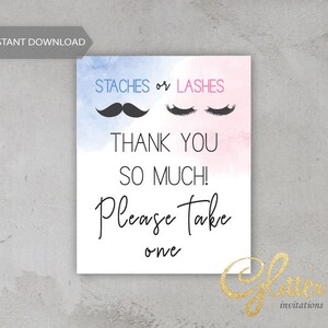 Staches or Lashes, azul y rosa, Por favor tome uno, baby shower de niño o niña, Signo de agradecimiento, Ducha de revelación de género, pdf imprimible, CY072