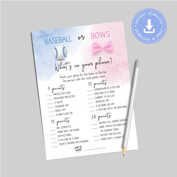 Baseball or Bows, blue and pink, What's In Your phone Game, gender reveal shower. printable pdf, baseball gender, cy083