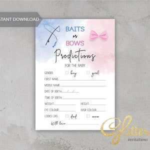 Revelación de género de cebos o arcos, baby shower con tema de pesca, azul y rosa, tarjeta de predicciones para bebés, juego de descarga instantánea, pdf imprimible, cy119