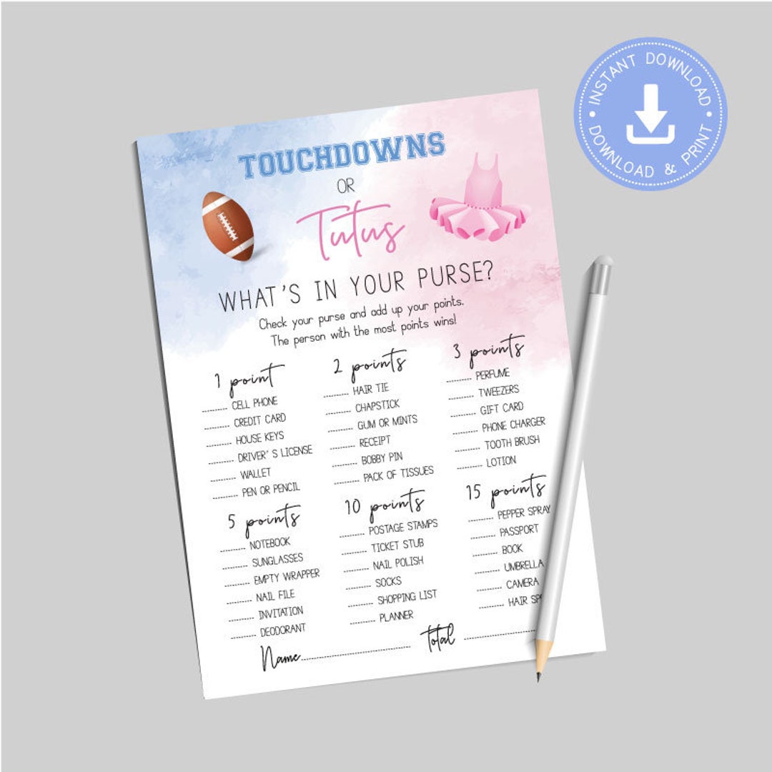Touchdowns or Tutus, What's in Your Purse Game, Twins Baby Shower, Games Printable, Gender ...