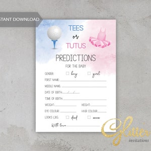 Tees o Tutus Gender Reveal, Golf Gender Reveal, azul y rosa, Tarjeta de predicciones de bebé, juego de descarga instantánea, pdf imprimible, cy103