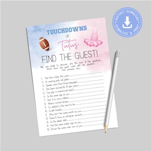 Touchdown o tutù, blu e rosa, Trova l&#39;ospite, Giochi stampabili, Download istantaneo, Gioco, Rivelazione del genere, Calcio o balletto, cy084