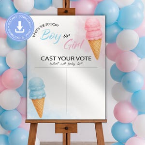 Ice cream Gender reveal cast your vote sign, blue or pink cast your vote sign, instant download, printable jpeg, What&#39;s the scoop, cy085