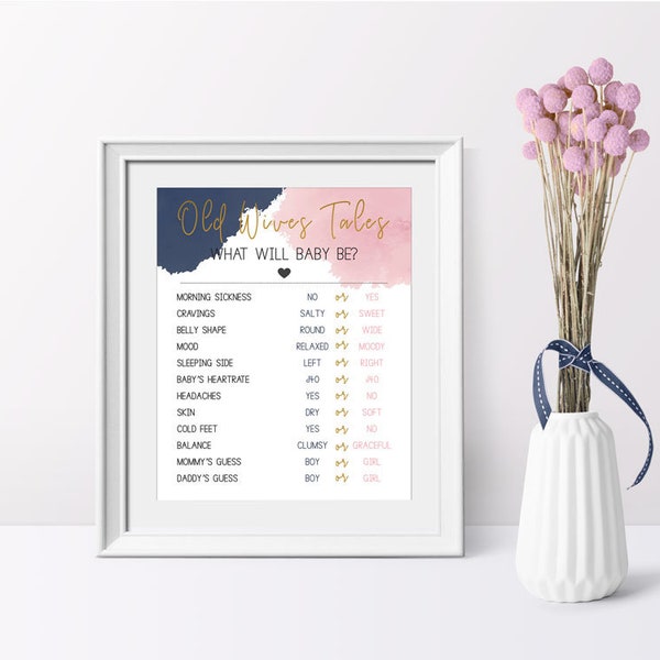 Old wives tale sign, Navy blue and pink, Gender reveal shower, instant download, printable pdf, cy045