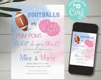 EDITABLE Football Or Pom Poms gender reveal invitation, blue or pink, printable pdf, instant download, Touchdowns Gender Reveal, cy084