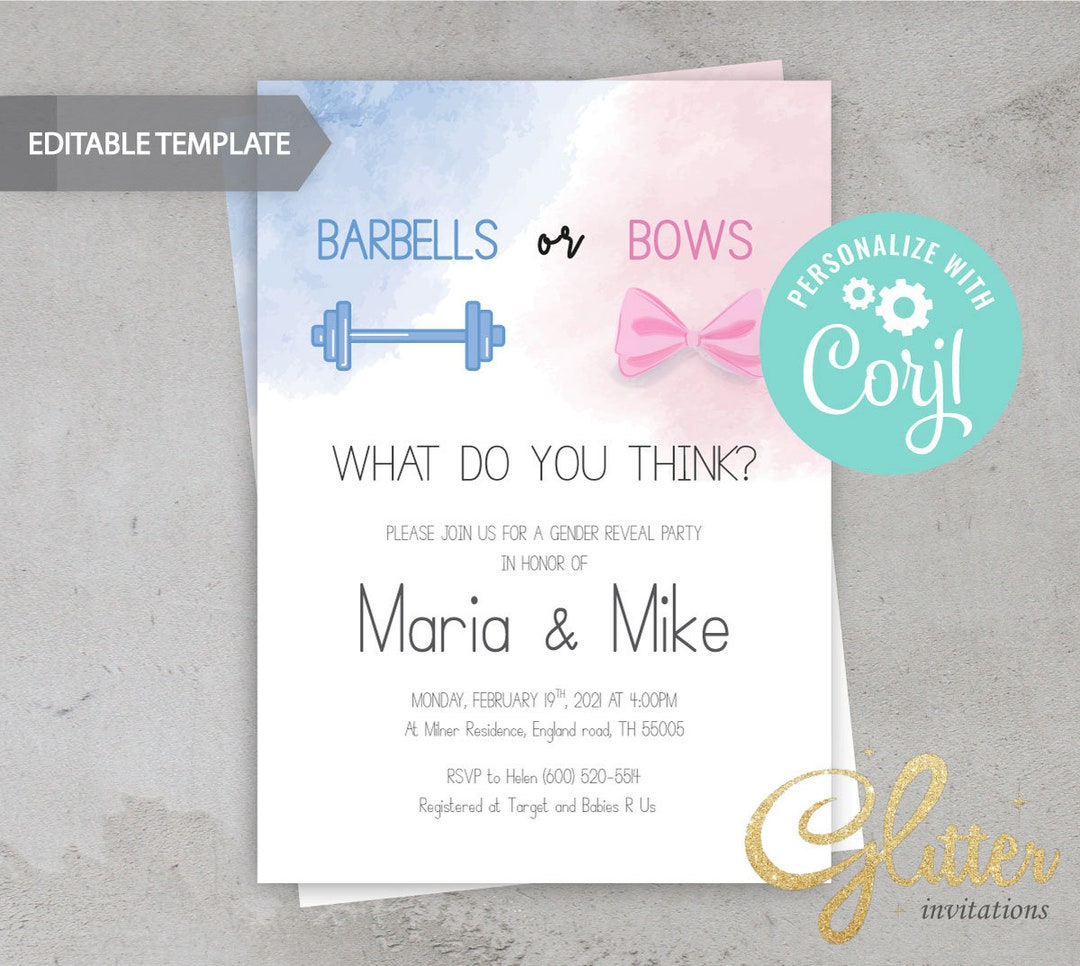 EDITABLE Barbells or Bows Gender Reveal Blue and Pink Etsy