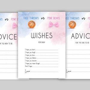 Free Throws Pink Bows, blauw en roze, basketbal Gender reveal douche, advies voor aanstaande moeder, advies voor aanstaande vader en wensen voor baby, CY089