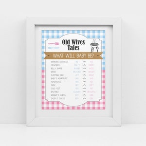 BBQ Baby Q Douche Gender Reveal, blauw en roze, Oude vrouwen verhaalteken, instant download, afdrukbare pdf, CY068