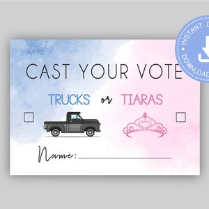 Trucks or Tiaras Gender Reveal, blau und rosa Babyparty, stimmen ab, sofortiger Download, er oder sie Babyparty, CY126