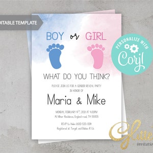 EDITABLE Baby Footprint gender reveal, baby feet Gender Reveal, blue and pink invite, printable pdf, instant download, boy or girl, cy129