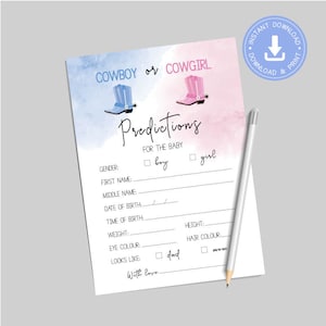 Revelación de género de vaquero o vaquera, baby shower de niño o niña occidental, Tarjeta de predicciones de bebé, juego de descarga instantánea, pdf imprimible, CY099
