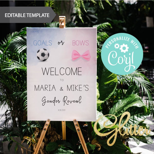 EDITABLE Goals or Bows gender, Soccer Gender reveal shower, welcome sign, instant download, Printable Baby Shower Welcome Sign, CY090