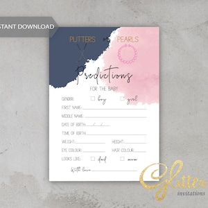 Putters ou perles, bleu marine et rose, carte de prédictions de bébé, jeu de téléchargement instantané, baby shower de sexe, pdf imprimable, cy098
