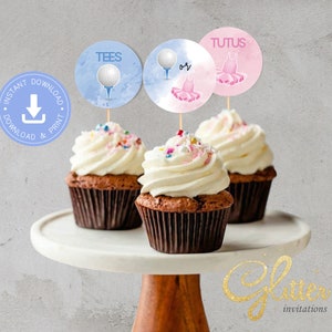Tees o Tutus Gender Reveal, Golf Gender Reveal, Cupcake Toppers, descarga instantánea, PDF imprimible, cy103