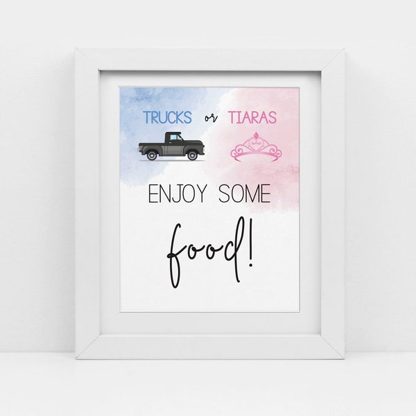 Trucks or Tiaras Gender Reveal, blue and pink, food sign, boy or girl gender, printable pdf, he or she gender reveal, CY126