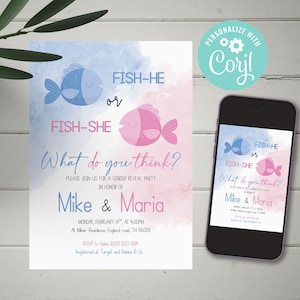 EDITABLE Fishing Theme Gender Reveal, Fish he or Fish she Gender Reveal, blue and pink invitation, printable pdf, instant download, CY102