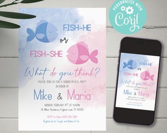 EDITABLE Fishing Theme Gender Reveal, Fish he or Fish she Gender Reveal, blue and pink invitation, printable pdf, instant download, CY102