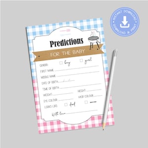 BBQ Baby Q Shower Games, Tarjeta de predicciones, pdf imprimible, ducha de revelación de género de barbacoa, baby shower de gemelos, CY068