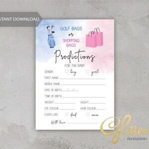Bolsas de compras o bolsas de golf Revelación de género, azul y rosa, Tarjeta de predicciones de bebé, juego de descarga instantánea, pdf imprimible, CY114