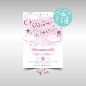 EDITABLE Heaven sent girl Baby Shower invitation, moon and stars girl invites, little star invite, instant download, CY054