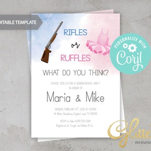 May include: A gender reveal party invitation with watercolor blue and pink backgrounds. The text reads "Rifles or Ruffles? What do you think?" with a rifle and a pink tutu. The invitation is for Maria & Mike.