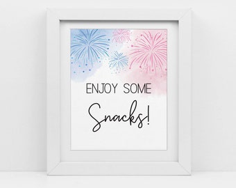 Fireworks gender reveal, Enjoy some snacks sign, Printable pdf, Instant Download, twins baby shower, 4th of July gender, CY097