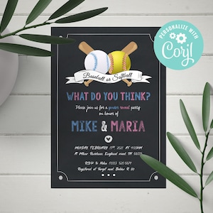 EDITABLE Baseball Or Softball Gender reveal, blue and pink invitation, printable pdf, instant download, boy or girl shower, CY117