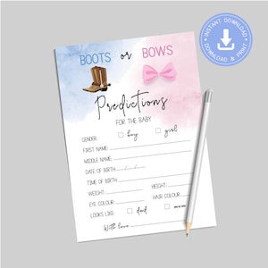 Bottes ou nœuds, garçon ou fille, carte de prédictions de bébé, jeu à téléchargement immédiat, baby shower de genre, pdf imprimable, CY088