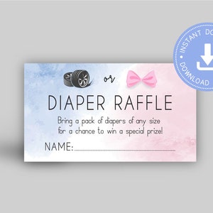Burnouts or Bows gender reveal, diaper raffle ticket, printable pdf, Blue and pink, boy or girl baby shower, he or she gender, CY082