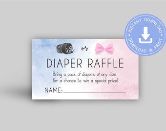 Puede incluir: Un boleto de rifa de pañales azul y rosa con un neumático de coche y una pajarita. El texto dice "o" y "RIFA DE PAÑALES". ¡Trae un paquete de pañales de cualquier tamaño para tener la oportunidad de ganar un premio especial! NOMBRE: