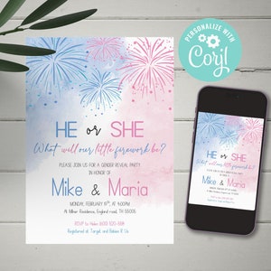 EDITABLE Fireworks gender reveal invitation, blue or pink, printable pdf, instant download, 4th of July gender, CY097