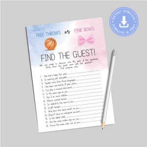 Free Throws Pink Bow, blue and pink, Find the guest, Games Printable, Instant Download, Game, Basketball Gender reveal, CY089
