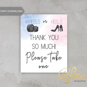 Wheels or Heels Gender Reveal, blau und rosa, bitte nehmen Sie einen, er oder sie Babyparty, druckbare Dankeszeichen, printable pdf, CY075