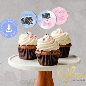 Burnouts or Bows, bleu et rose, Gender Reveal Cupcake Toppers, téléchargement instantané, PDF imprimable, cy082