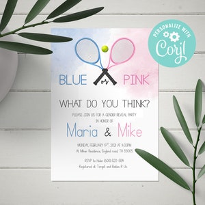 EDITABLE Tennis Gender Reveal, tennis rackets Gender Reveal invite, printable pdf, instant download, tennis ball gender reveal, cy130