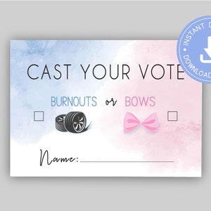 Burnouts or Bows, Cast your vote, blue or pink, Gender Reveal shower,  instant download, boy or girl, Wheels or bow, CY082