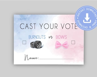 Burnouts or Bows, Cast your vote, blue or pink, Gender Reveal shower,  instant download, boy or girl, Wheels or bow, CY082
