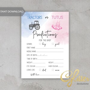 Tractores o Tutus Gender Reveal, baby shower de granja, azul y rosa, Predicciones de bebé, Juego de descarga instantánea, pdf imprimible, CY112