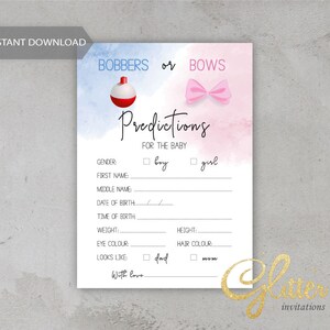 Bobbers or Bows Gender Reveal, Baby shower con tema de pesca, azul y rosa, Tarjeta de predicciones para bebés, Juego de descarga instantánea, pdf imprimible, CY109