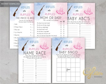 Peut inclure: Ensemble de jeux de baby shower imprimables sur le thème « Rifles or Ruffles ». Les jeux incluent « Le juste prix », « Maman ou Papa ? », « ABC bébé », « Course de noms » et « Bingo bébé ». Chaque jeu présente un fond aquarelle, un fusil et un tutu.