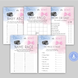 Burnouts or Bows, Gender reveal baby shower, blue or pink, baby bingo, mom vs dad, baby abc, the price is right, baby race, CY082