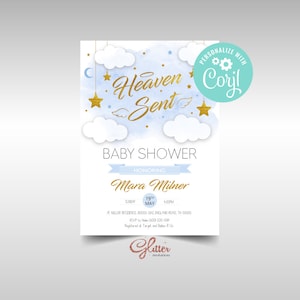 EDYTOWALNE Niebiańskie złoto, zaproszenie na baby shower dla chłopca, zaproszenia dla chłopca z motywem księżyca i gwiazd, natychmiastowe pobranie, skrzydła anioła, wydrukowany plik PDF, CY052