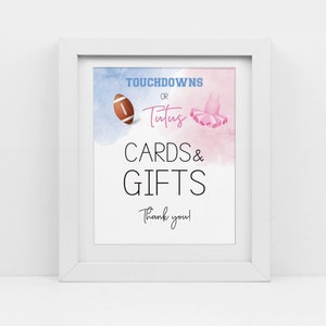 Touchdowns Or Tutus Gender Reveal, azul y rosa, tarjetas y letreros de regalos, niño o niña revelan, él o ella, baby shower de fútbol o ballet, cy084