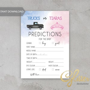 Camiones o Tiaras Revelación de Género, Tarjeta de Predicciones de Bebé, baby shower azul y rosa, pdf imprimible, baby shower niño o niña, CY126